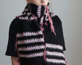 Black and Pink Striped Alpaca Silk Scarf, 175cm, "Japan"