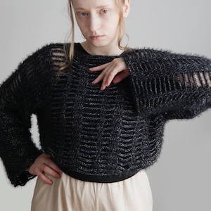 Black Mesh Crochet Crop Top in Cotton, "Germany"