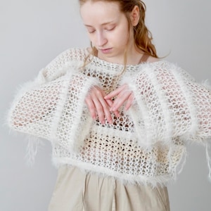 White Mesh Crochet Crop Top in Cotton, "Nile"