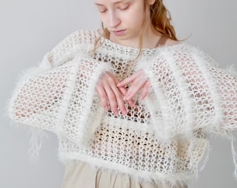 White Mesh Crochet Crop Top in Cotton, "Nile"