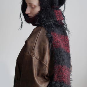 Red and Black Check Alpaca Silk Scarf, 196cm, "Albania" image 3