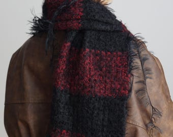Red and Black Check Alpaca Silk Scarf, 196cm, "Albania"