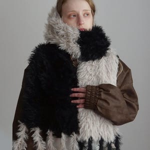 Cream and Black Faux Fur Crochet Scarf, 190cm, "Norway"