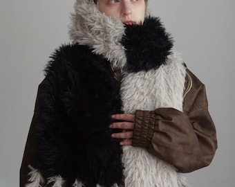 Cream and Black Faux Fur Crochet Scarf, 190cm, "Norway"