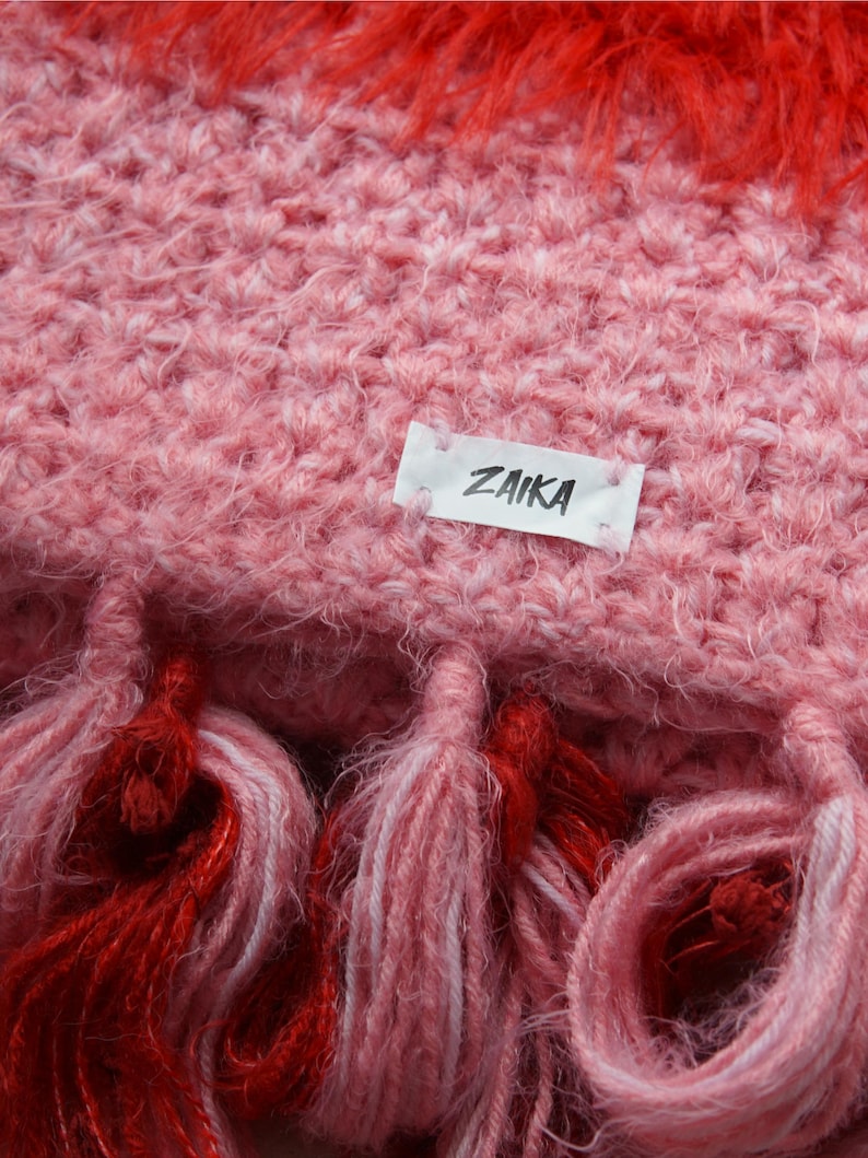 Pink and Red Striped Fluffy Crochet Scarf, 180cm image 7