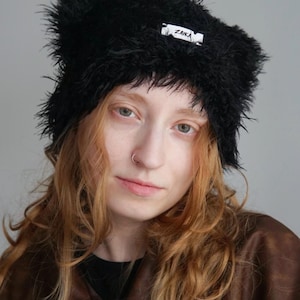 Black Faux Fur Cat Ear Beanie, Wool Alpaca Blend, "Eiger" image 2