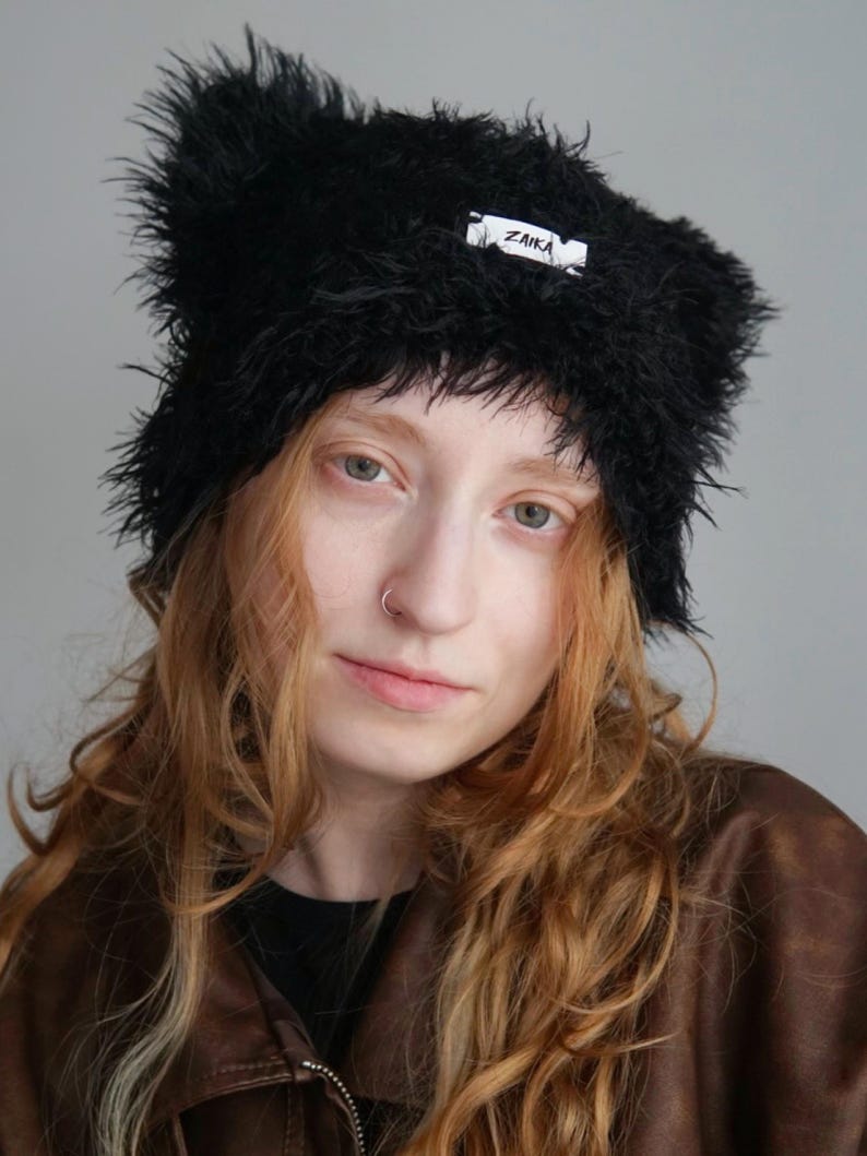 Black Faux Fur Cat Ear Beanie, Wool Alpaca Blend, "Eiger" image 2