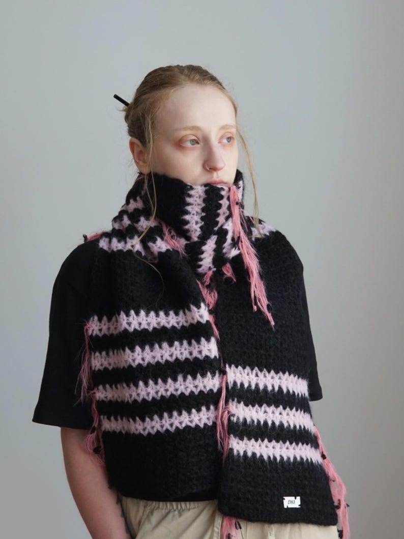 Black and Pink Striped Alpaca Silk Scarf, 175cm, "Japan" image 1