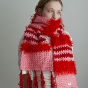 Pink and Red Striped Fluffy Crochet Scarf, 180cm, "Morocco"