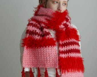 Pink and Red Striped Fluffy Crochet Scarf, 180cm, "Morocco"