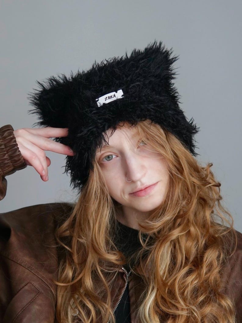 Black Faux Fur Cat Ear Beanie, Wool Alpaca Blend, "Eiger" image 1