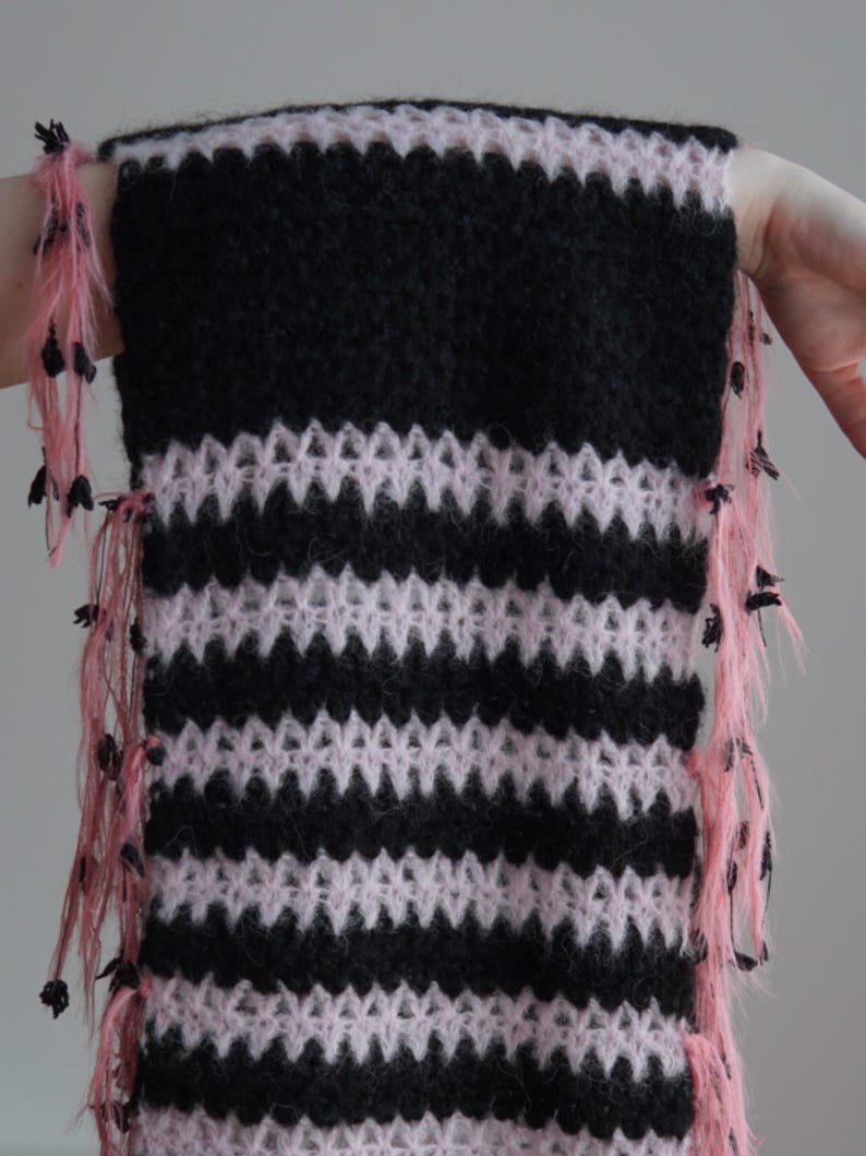 Black and Pink Striped Alpaca Silk Scarf, 175cm, "Japan" image 8
