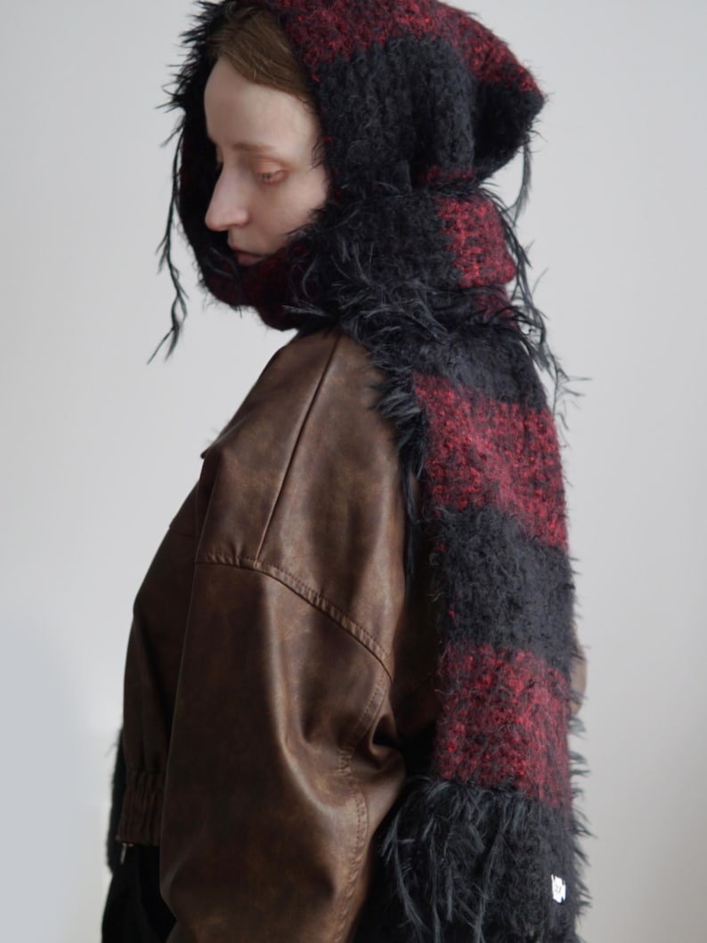 Red and Black Check Alpaca Silk Scarf, 196cm, "Albania" image 3