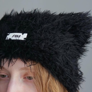 Black Faux Fur Cat Ear Beanie, Wool Alpaca Blend, "Eiger" image 3