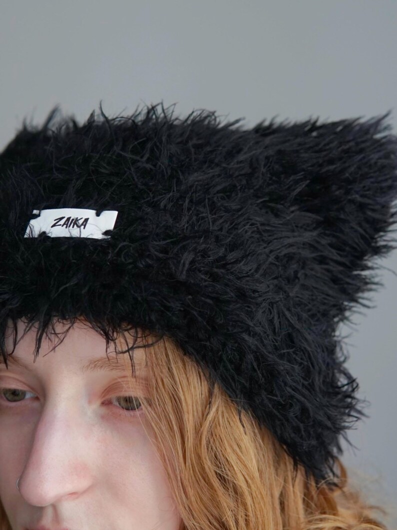 Black Faux Fur Cat Ear Beanie, Wool Alpaca Blend, "Eiger" image 3