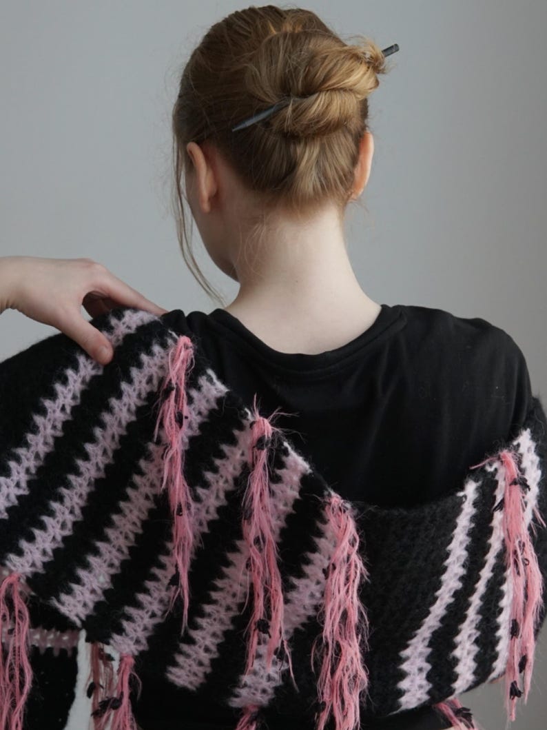 Black and Pink Striped Alpaca Silk Scarf, 175cm, "Japan" image 4