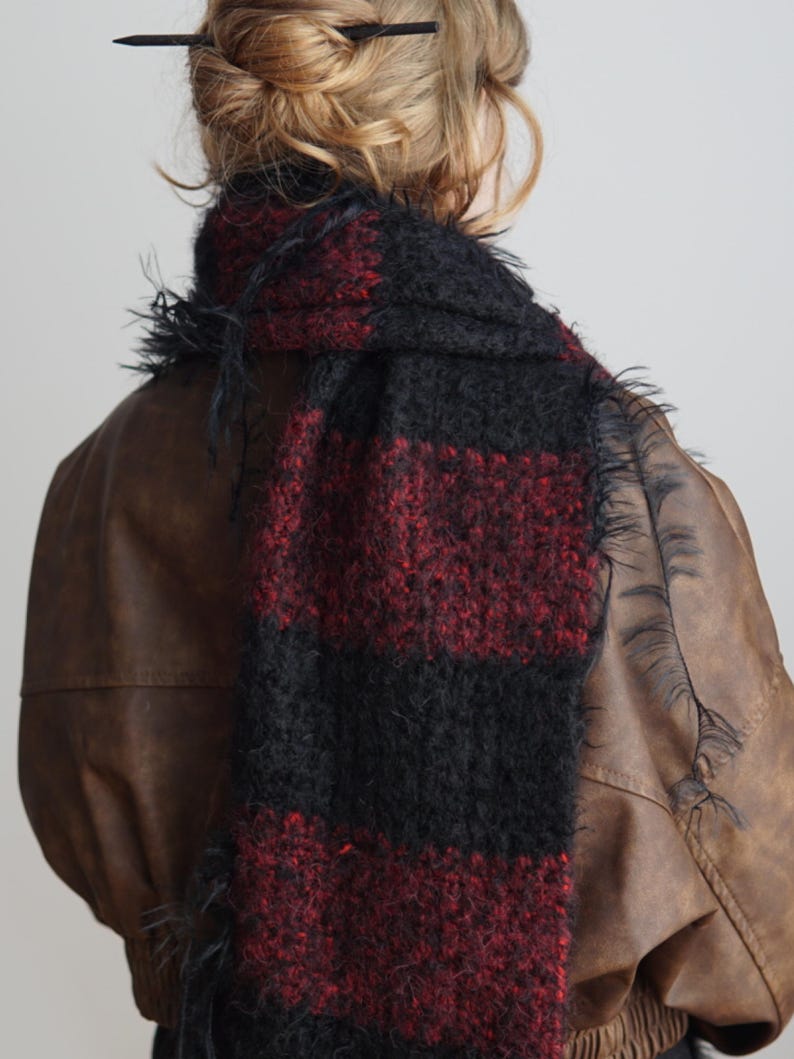 Red and Black Check Alpaca Silk Scarf, 196cm, "Albania" image 1