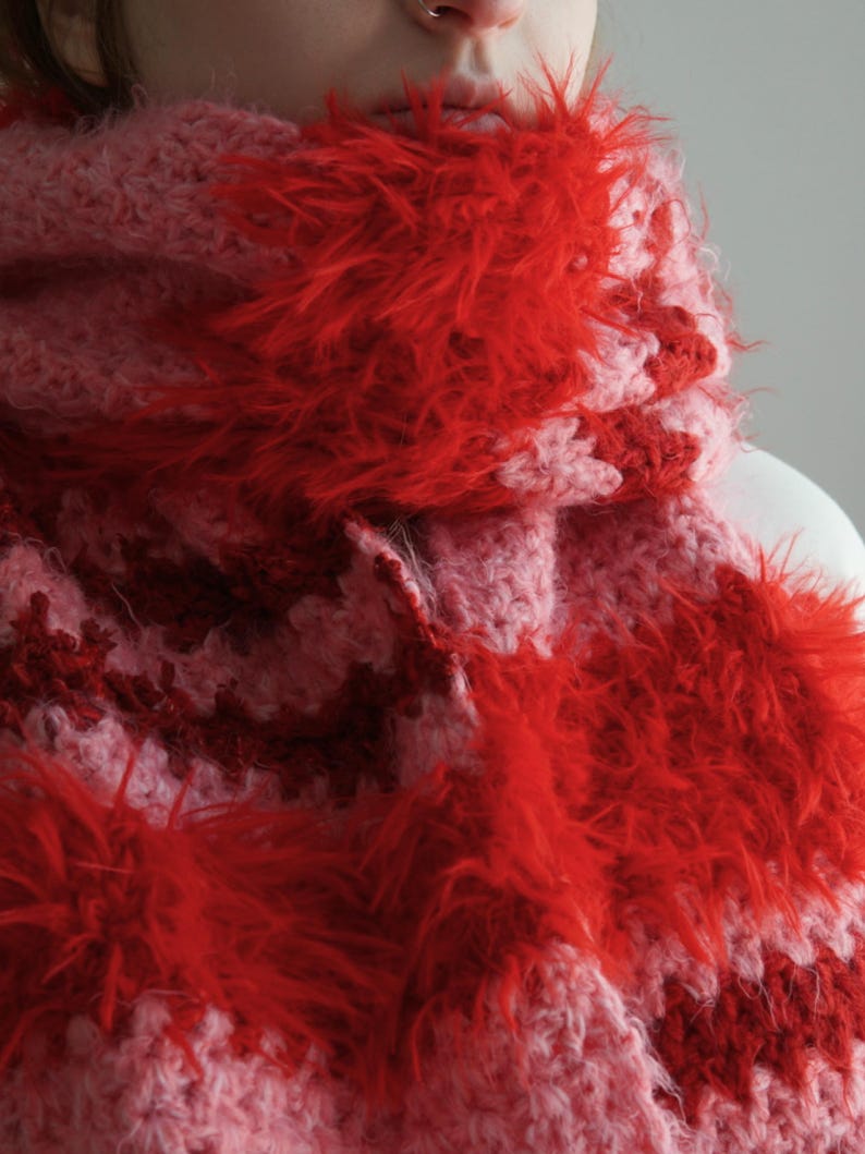 Pink and Red Striped Fluffy Crochet Scarf, 180cm image 2