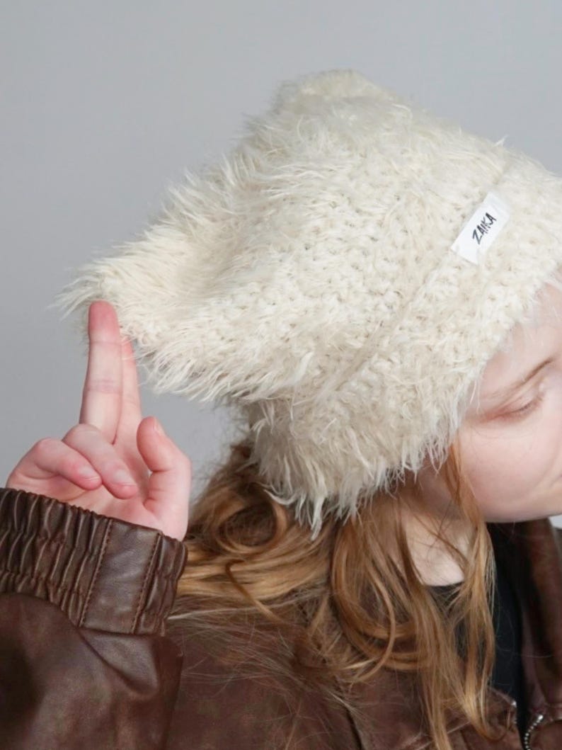 Cream Faux Fur Cat Ear Beanie, Wool Alpaca Blend, "Ushba" image 1