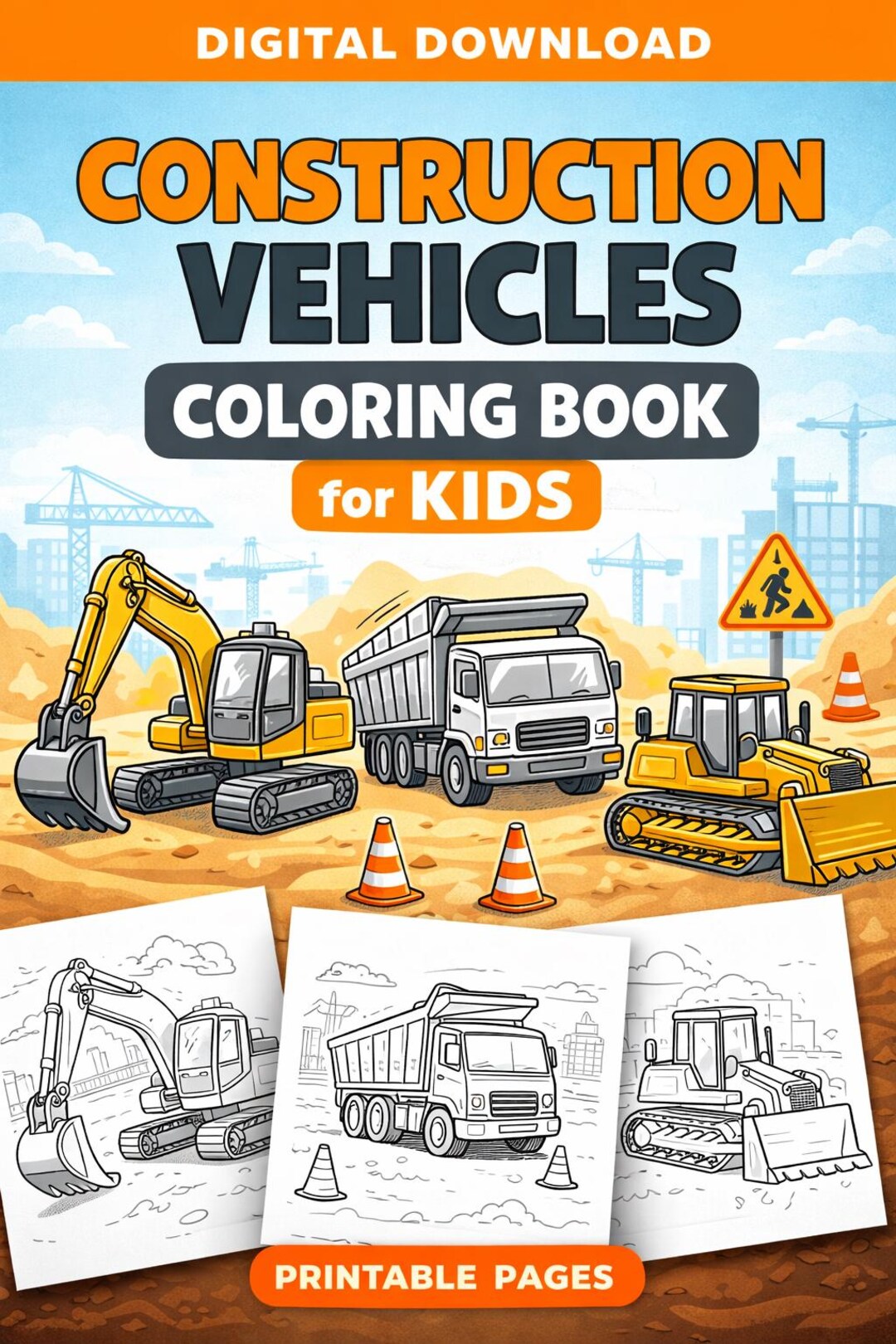 Construction Vehicles Coloring Book for Kids – Printable Excavator ...