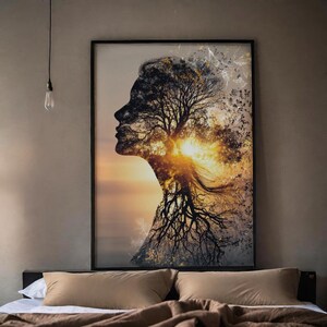 Peut inclure: Une impression d'art encadrée représentant le profil d'une personne, avec un arbre et une scène de coucher de soleil intégrés. L'œuvre d'art utilise des tons bruns, dorés et orangés, créant une esthétique chaleureuse et naturelle.