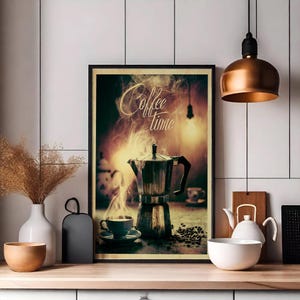 Peut inclure: Une affiche encadrée sur le thème du café. L'image présente une cafetière, une tasse de café et les mots "Coffee Time" dans une police stylisée. L'arrière-plan a une lueur chaleureuse et invitante.