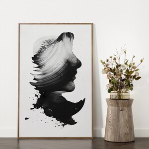 Abstract Black White Wall Art Print, Minimalist Woman Portrait Poster, Ink Brush Silhouette Art, Modern Monochrome Printable, Contemporary