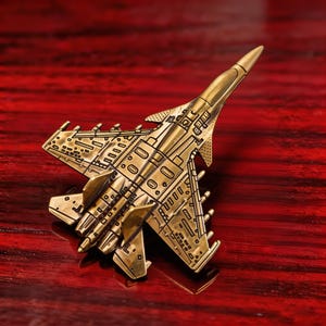 Brass Fighter Jet Figurine, Military Aircraft Model, Airplane Decor, Aviation Gift, Vintage Desk Sculpture, Pilot Gift
