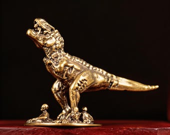 Brass T Rex Statue, Dinosaur Figurine with Humans, Bronze Jurassic Sculpture, Mini Dino Decor, Desk Decor, Collector Gift, Unique Art Piece