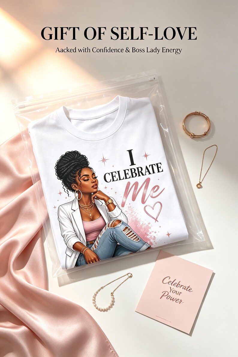 May include: A white t-shirt in a clear plastic bag featuring a graphic of a person with dark hair in a bun, wearing a white blazer, pink top, and ripped jeans. The text reads I CELEBRATE Me. Includes a gold bracelet, two necklaces, and a card that says Celebrate Your Power.