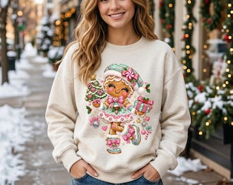 Women's Cute Gingerbread Girl Christmas Sweatshirt, Candy Cane Holiday Graphic, Cozy Winter Festive Top, Xmas Gift For Her