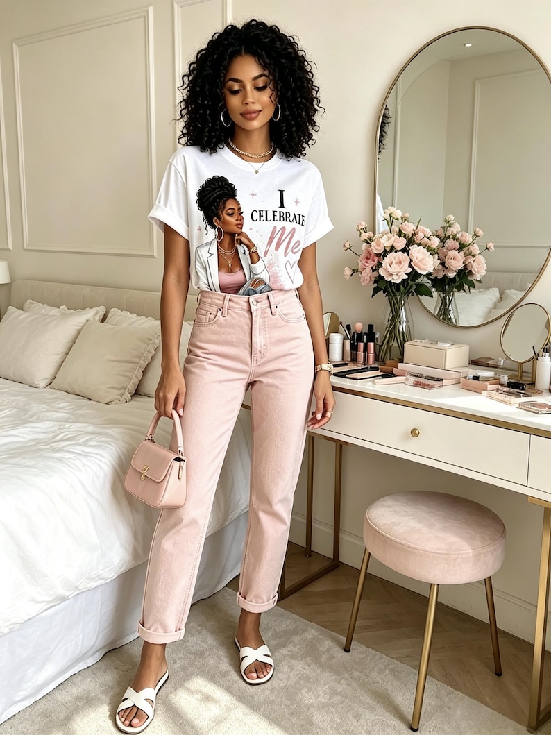 May include: A white short-sleeve t-shirt featuring a graphic illustration of a person with dark curly hair wearing a white blazer and pink top, with the text I CELEBRATE Me. Paired with light pink denim jeans, a small pink handbag, and white sandals.