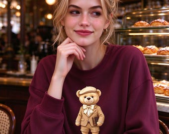 Women's Gentleman Teddy Bear Crewneck Sweatshirt, Cute Dressed Bear Graphic Top, Cozy Fall Casual Animal Pullover