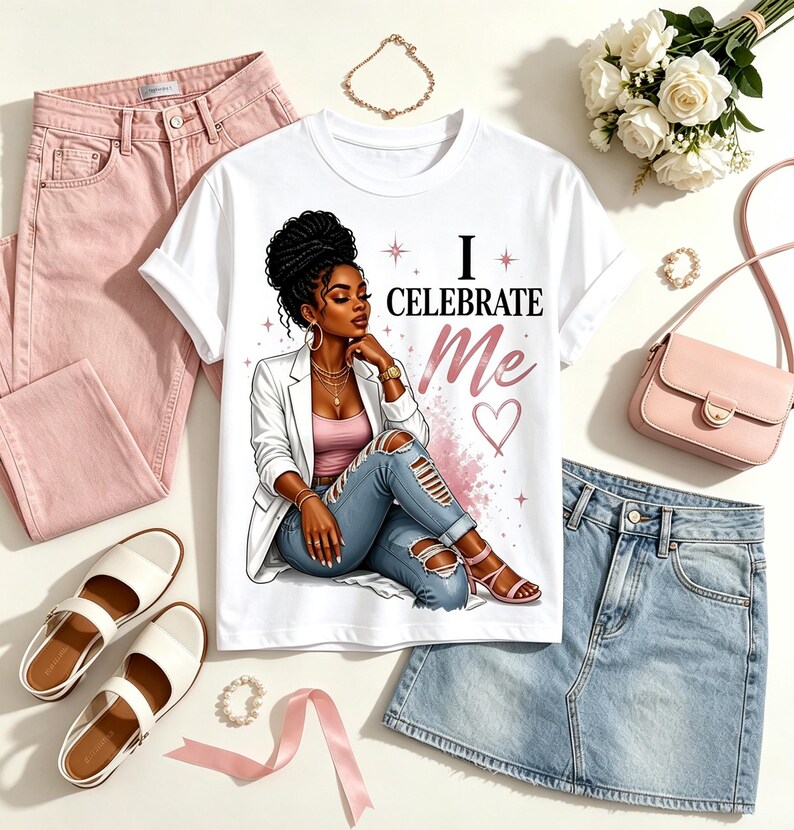 May include: A white t-shirt featuring a graphic illustration of a person with dark hair in a high bun, wearing a white blazer, pink top, and distressed blue jeans. The text "I CELEBRATE Me" is printed in black and pink with small star and heart accents.