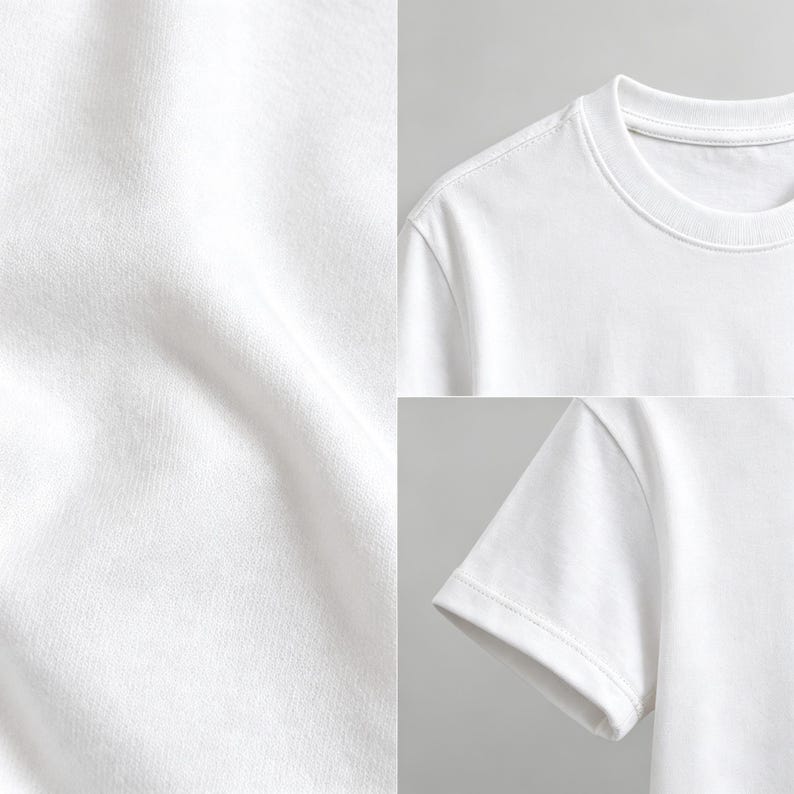 May include: A plain white t-shirt featuring a classic crew neckline and short sleeves. The fabric displays a smooth, consistent texture with subtle folds visible on the left side, highlighting the clean, solid white color of the garment.