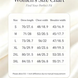 May include: A white rectangular size chart with dark text titled Women's Size Chart. It lists sizes S through 3XL with corresponding measurements for dress length, chest width, and shoulder width in both centimeters and inches. A note mentions a 0.5-1 inch variance.