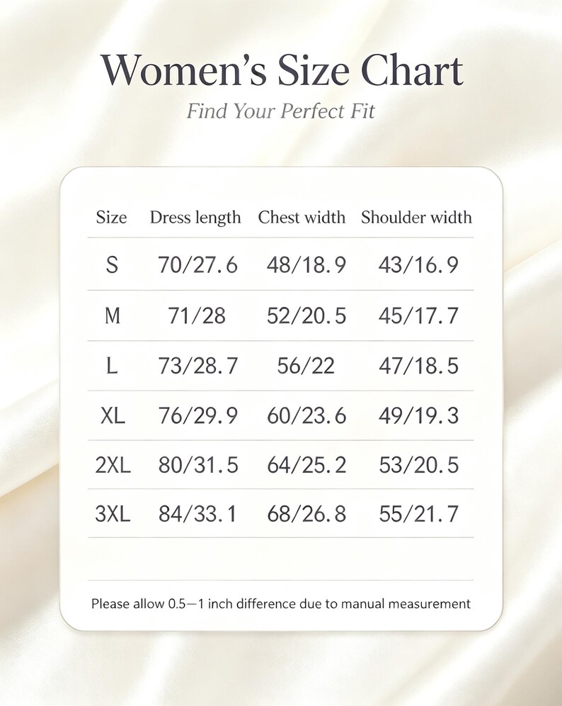 May include: A white rectangular size chart with dark text titled Women's Size Chart. It lists sizes S through 3XL with corresponding measurements for dress length, chest width, and shoulder width in both centimeters and inches. A note mentions a 0.5-1 inch variance.