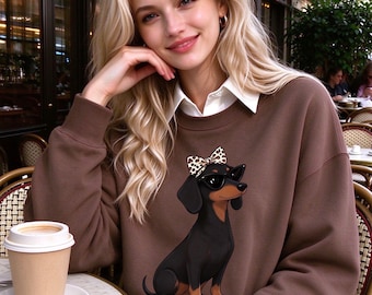 Women's Cute Dachshund Dog Graphic Sweatshirt, Leopard Bow Puppy Crewneck, Dog Lover Casual Fall Top