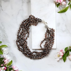 Manouk Necklace Mother of Pearl 6 Strands – Natural Shell Beads – Brown Grey Statement Necklace – Boho Chic Jewelry