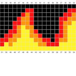 May include: A pixelated graphic of flames in a horizontal format. The design uses a grid of squares in black, red, orange, and yellow to create the fire effect. The bottom is yellow, transitioning to orange and red.