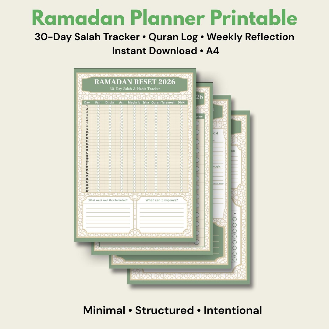 Ramadan Planner Printable | Salah, Quran Tracker & Weekly Reflection ...
