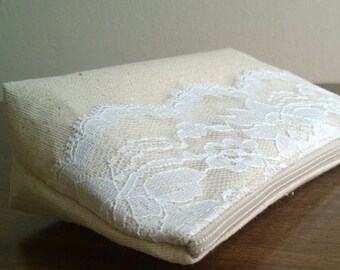 Lace Clutch, Cotton Gift Bag, Linen Make Up Bag, Easy Gift Ideas for Bridesmaids