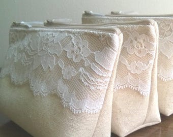 Set of 5 - Classic Lace Rustic Wedding Bridesmaid Clutches, Linen and Lace Bridesmaid Clutch Purse, Country Wedding, Bridesmaids Gift