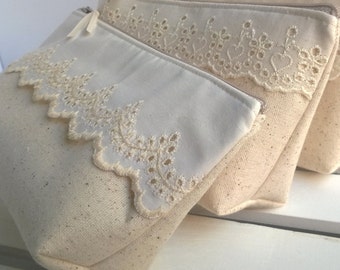 Set of 9 - Linen Lace Bag Clutch Set Rustic Wedding Vintage Lace Bag Purse Personalize Bridesmaid Party Custom Gift Pouch Gift Set Make-Up