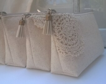 Set of 9 - Lace Bridesmaid Bags, Ivory  Maid of Honor Gifts, Vintage Inspired Wedding, Cosmetics Pouch, Make Up