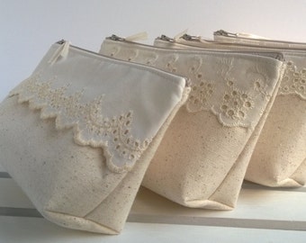 Lace Wedding Clutches, Cotton Lace Clutches, Make Up Bag, Jewelry Bag, Rustic Wedding, Bridesmaid Gifts- Set of 6 + ONE FREE