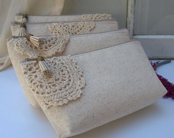 Bridesmaid Wedding Clutch Set, Ivory and Lace Zippered Cosmetic Bag, Maid of Honor Gift, Bohemian Vibe, Summer Purse - Set of 7