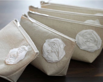 Bridal Party Gifts, Make Up Bag, Personalized Bridesmaid Presents, Linen and Lace Burlap Clutch Bag - Set of 5