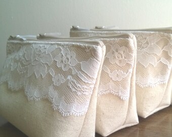 Rustic Wedding, Linen and Lace Bridesmaid Clutch, Clutches Set of 9