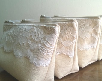 Set of 9  - Ivory Lace Bridesmaid Bag, Cosmetics Pouch, Bridesmaid Clutch, Bridesmaid Gifts